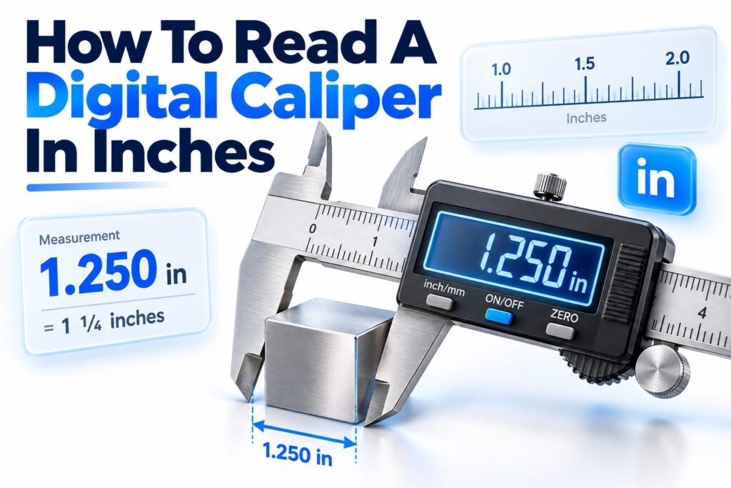 Digital caliper measuring an object in inches on its LCD screen